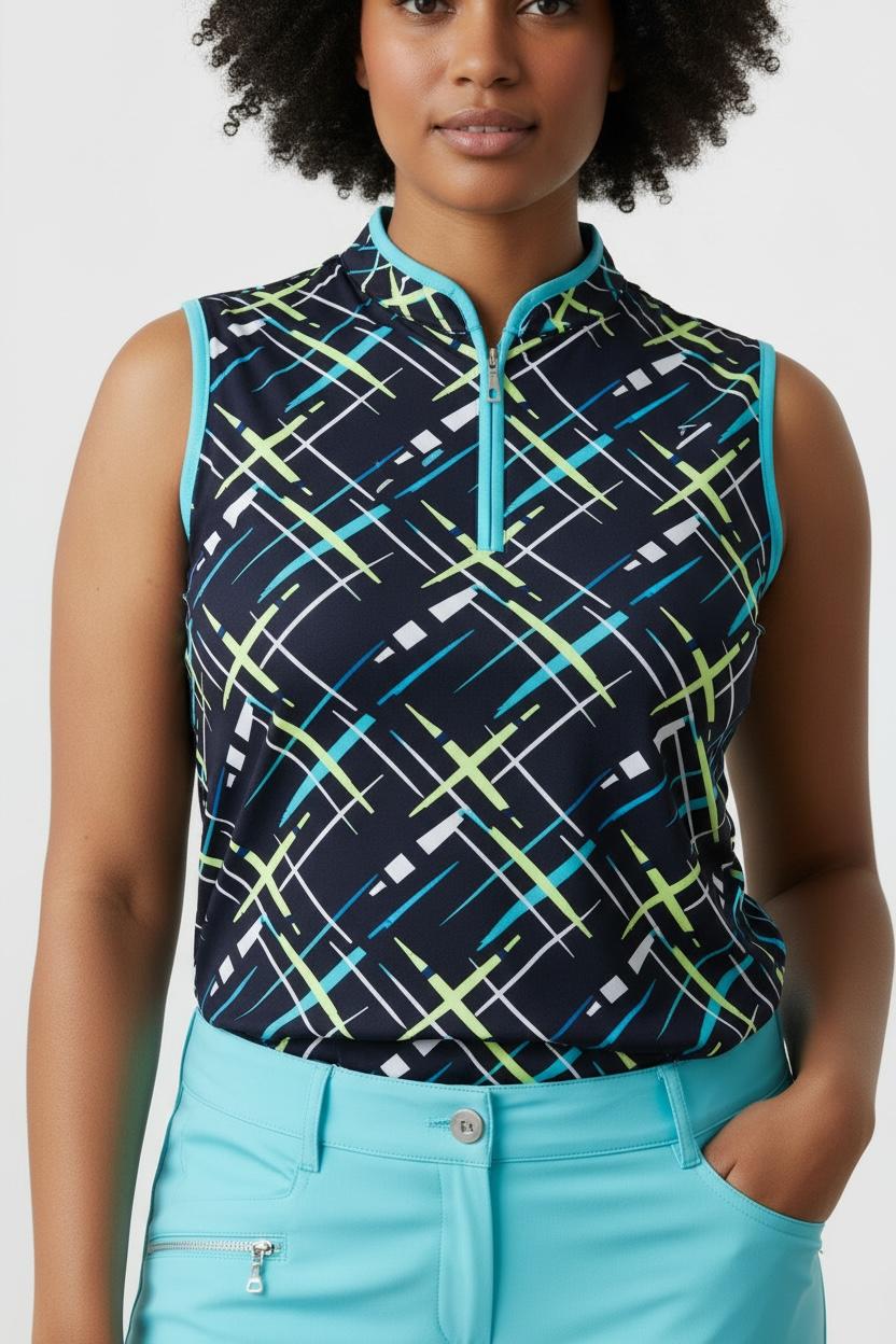 JRB Sleeveless Polo - Navy / River Blue Cross Print