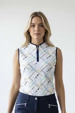JRB Sleeveless Polo - White / River Blue Cross Print