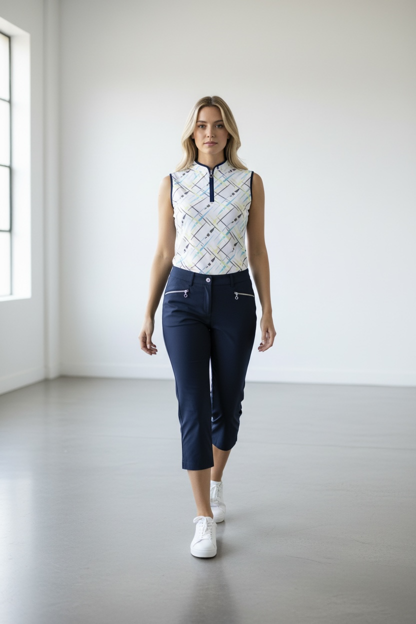JRB Sleeveless Polo - White / River Blue Cross Print