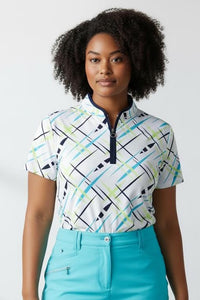 JRB Short Sleeved Polo - White with River Blue Cross Print