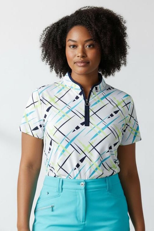 JRB Short Sleeved Polo - White with River Blue Cross Print