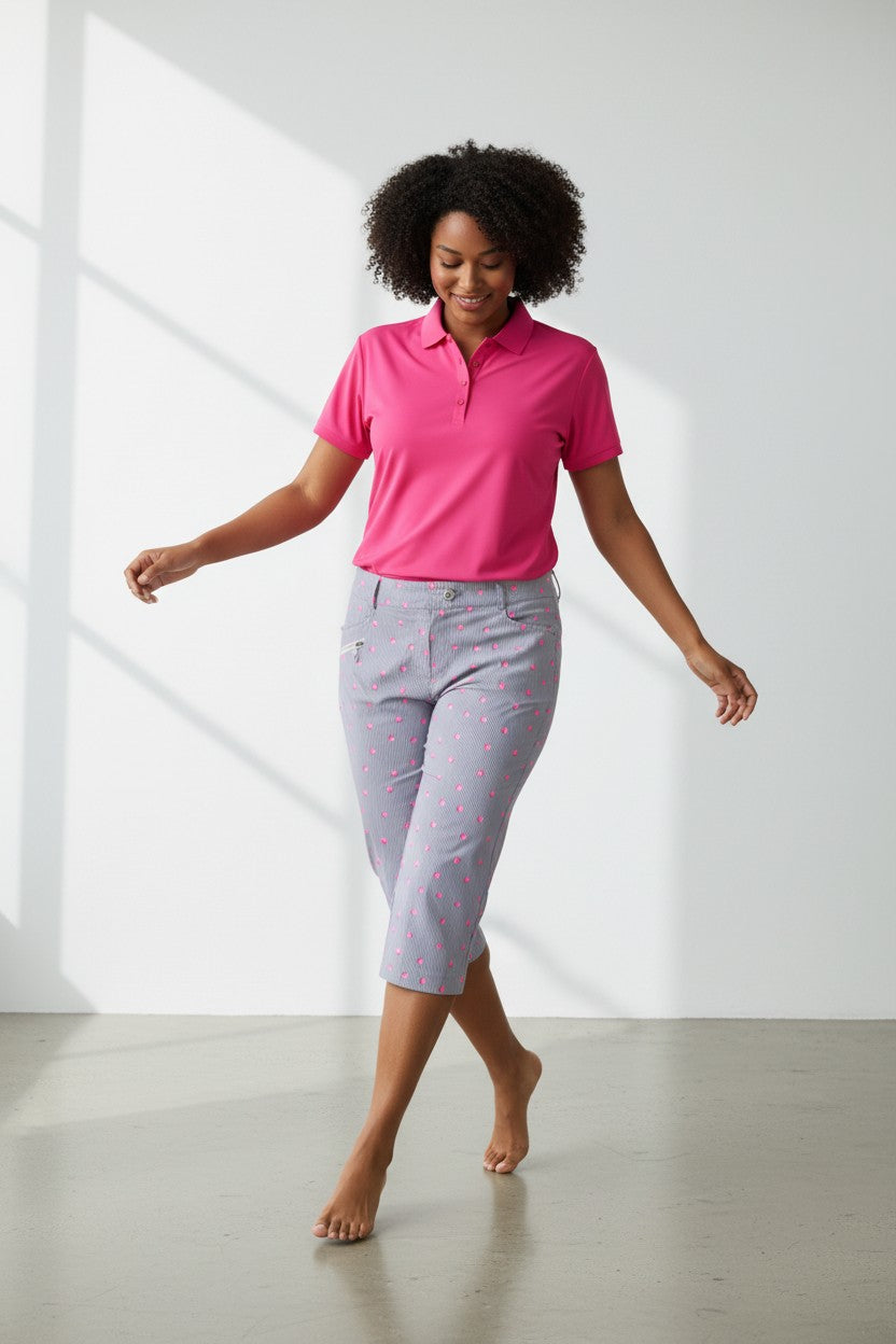 JRB City shorts - White with Black Pin Stripes and Rose Pink Spots
