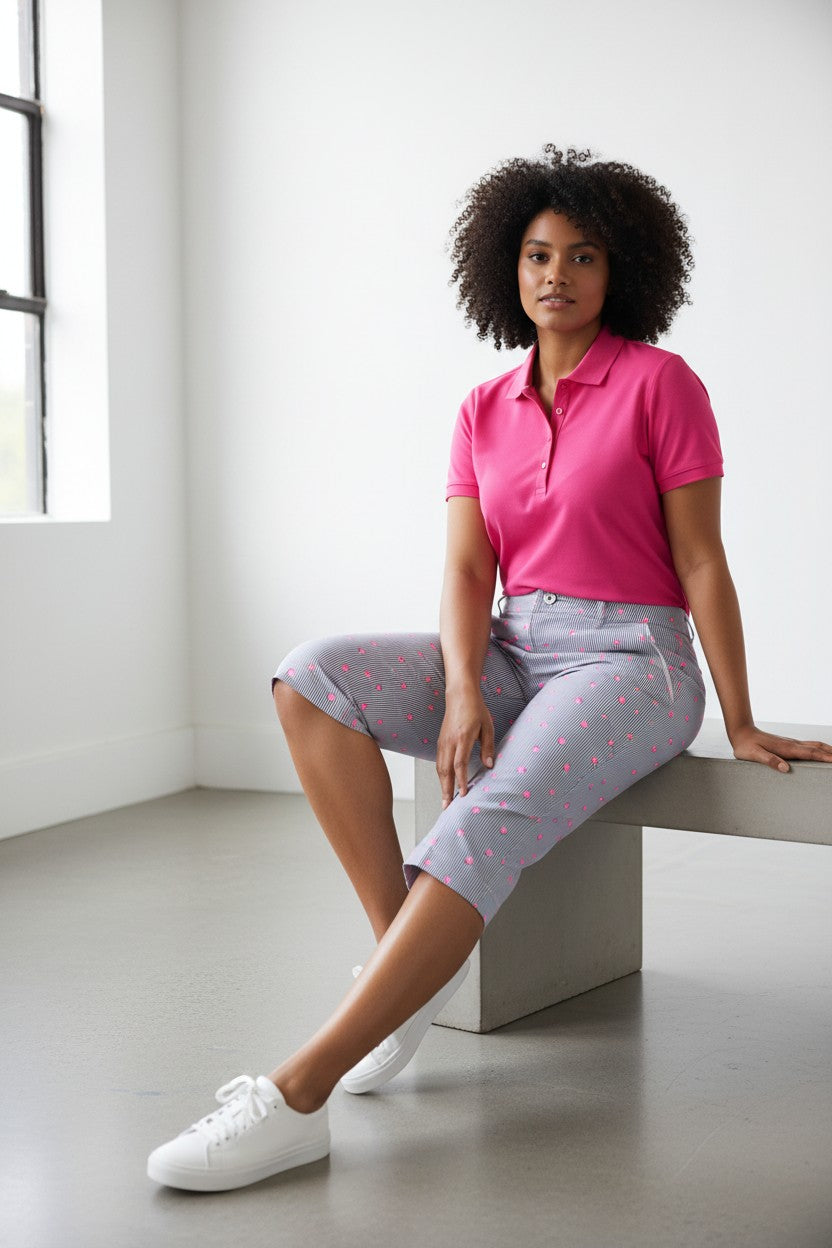 JRB City shorts - White with Black Pin Stripes and Rose Pink Spots