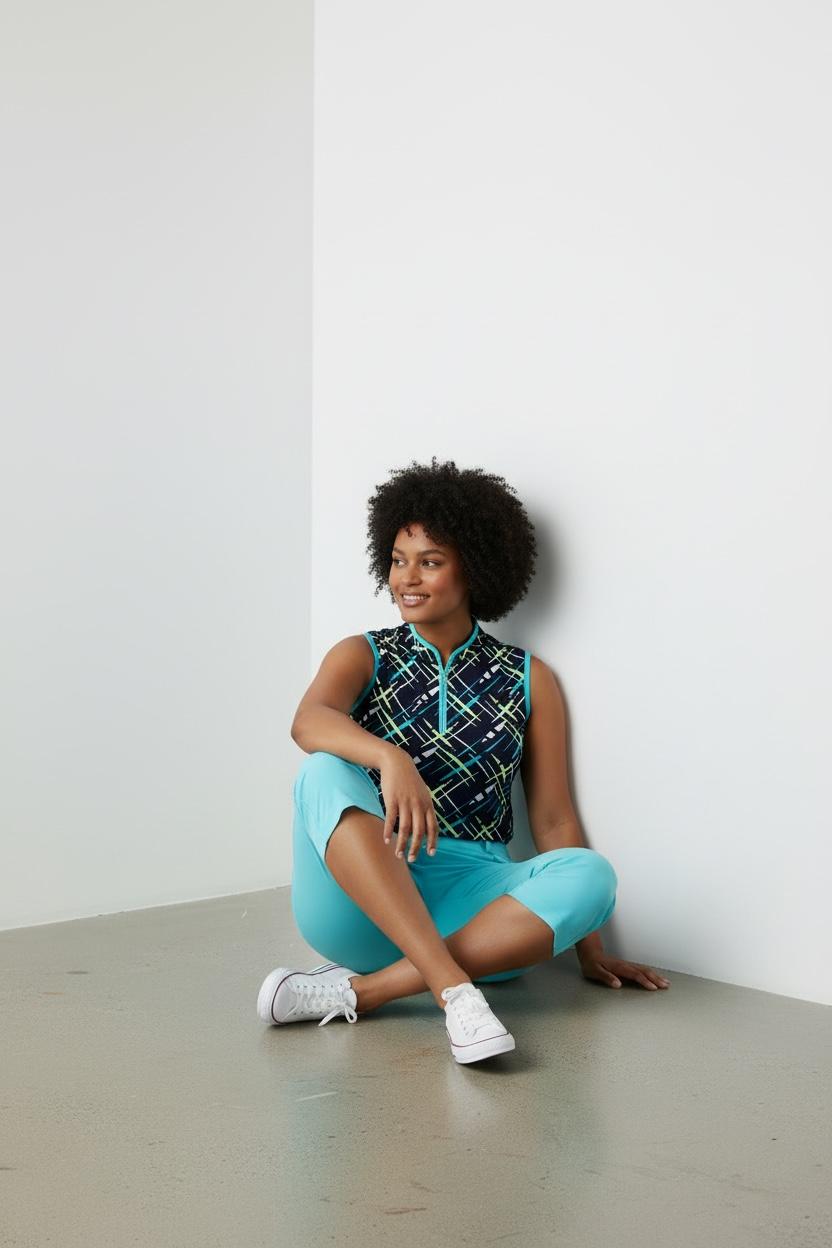 JRB Sleeveless Polo - Navy / River Blue Cross Print