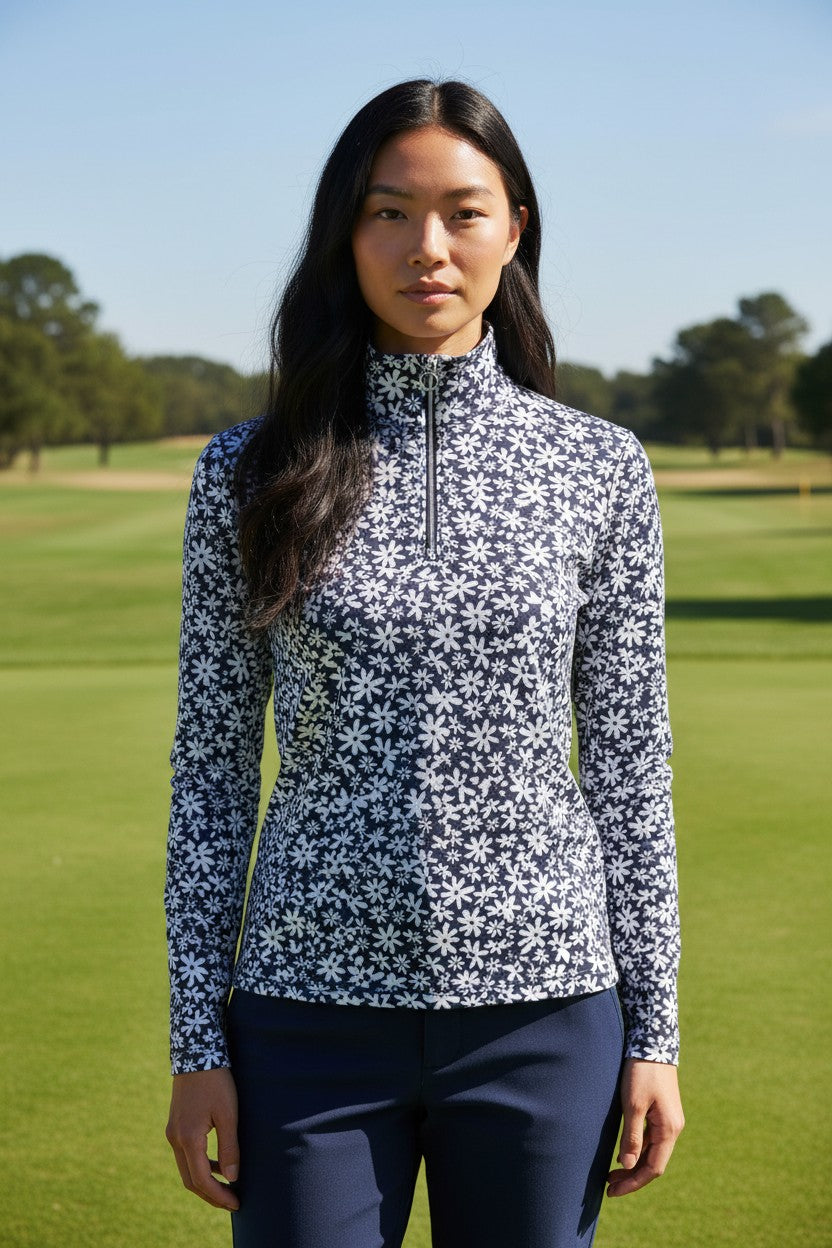 JRB 1/4 Zipped Mid Layer - Navy Ditsy Flowers