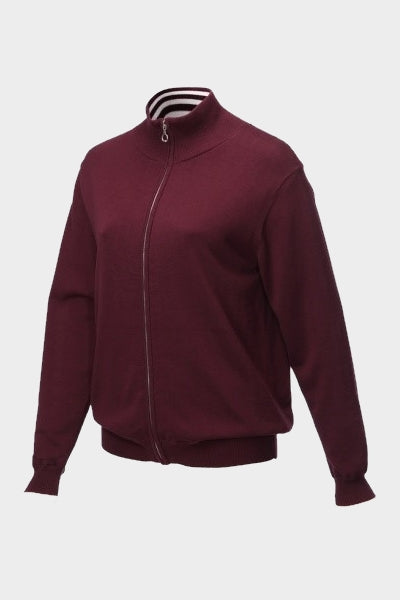 This cotton knitted, cardigan style golf jacket has all the warmth and protection of a light coat, yet still has that cosy feel of knit. All you lovely lady golfers out there will love this. The colour is a rich burgundy which is perfect for every womens golfing wardrobe.  