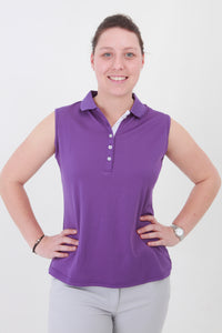 We have an amazing range of golf clothes for women. This purple golf sleeveless polo shirt coordinates with the purple lady golfer range from JRB Ladies golf.  The colour is stunning and compliments the ladies golf skorts and ladies golf shorts, especially the ladies golf city shorts in light grey and the purple twirl.