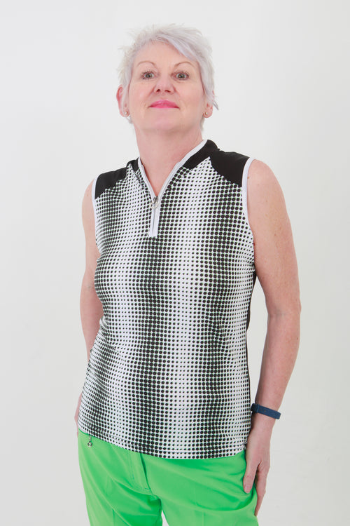This zip necked ladies golf sleeveless polo feels silky to wear. It has a subtle spot pattern that will give you lady golfers a stylish fashion statement and impress your fellow lady golfers.  There are a number of lady golf polo shirts in the new JRB Ladies Golf range.  Sleeveless and Short Sleeved ladies golf shirts.